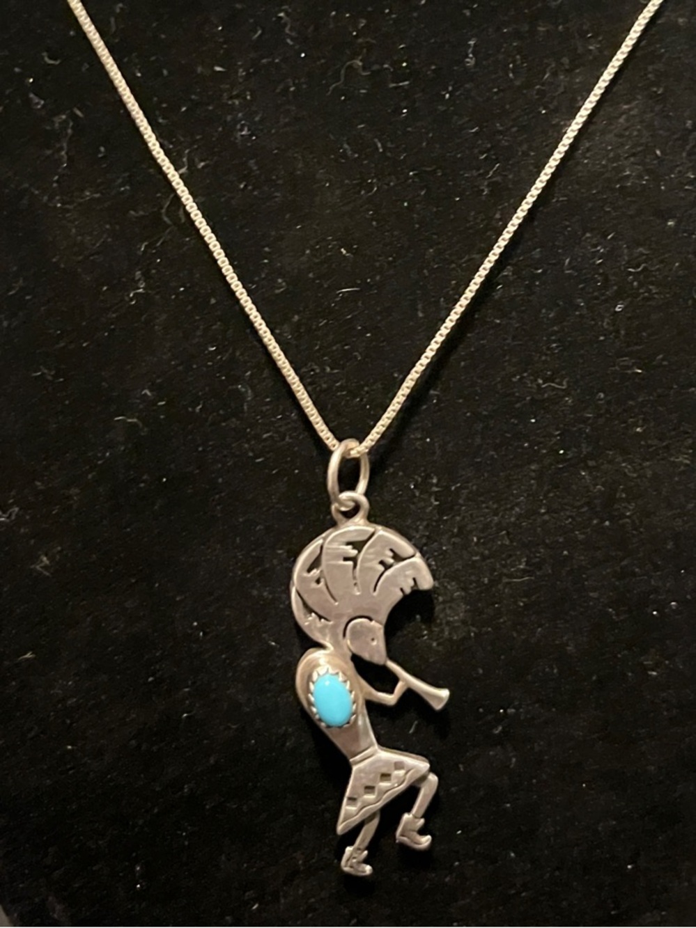 Signed SN 925 Sterling Kokopelli Pendant Necklace with Turquoise Accent